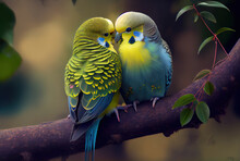 Two Parrots On A Branch, Cute Love Bird, Generative Ai