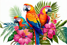 Tropical Colored Cockatoos In The Leaves Of Exotic Flowers And Palm Trees White Background, A Pair Of Parrots In A Beautiful Forest, Watercolor Illustration. Generative AI