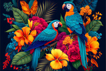 Tropical Cockatoos And Macaws In The Leaves Of Exotic Flowers And Palm Trees On A Dark Background. Generative AI