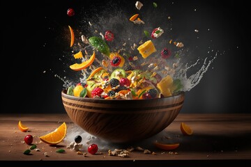 Wall Mural - A fruit salad splashing in a bowl. Generative AI.