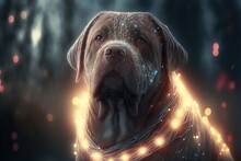 Christmas Dog Covered In Glowing Lights. Generative AI.
