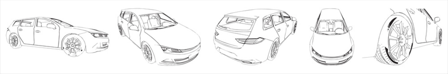 Vector conceptual set or collection of an urban car sketches from different perspectives as a metaphor for transportation and travel, independence, flexibility and freedom, privacy and safety