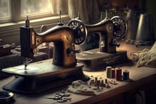 Old Sewing Machines In Sewing Workshop. Generative AI.