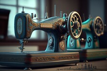Old Sewing Machines In Sewing Workshop. Generative AI.