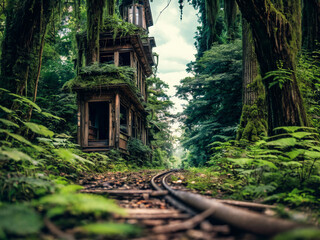 Fototapete - Ruins of an old house overgrown with plants on an old railroad line.in the woods Generative AI