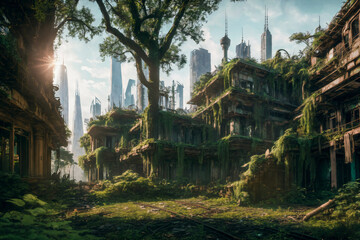 Fototapete - Ruins overgrown by plants. In background the remains of a city skyline after the apocalypse. Generative AI