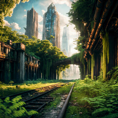 Fototapete - Ruins overgrown by plants. In background the remains of a city skyline after the apocalypse. Generative AI