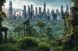 Ruins overgrown by plants. In background the last remains of a destroyed city skyline after the apocalypse. Post-apocalyptic landscape. Generative AI