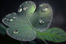 Morning Dew On Clover Leaf. Dark Background. Generative Ai.