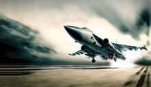 Combat Military Fighter Rapidly Takes Off At High Speed From The Runway, For Tracking And Hitting A Target
