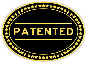 Sticker - Black and gold color oval label sticker with word patented on white background