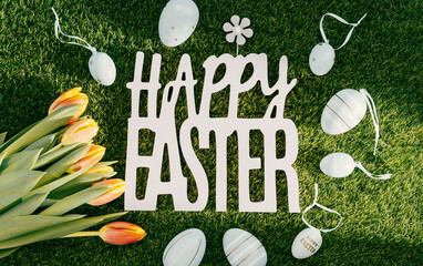 Wall Mural - happy easter background with eggs and bunny