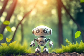 Cute little robot in the jungle with bokeh nature sunlight background. Generative AI