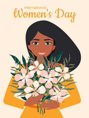 Wall Mural - International Women's Day. A beautiful girl with long black hair smiles and holds a bouquet of hibiscus flowers on a pink vertical background. Vector.