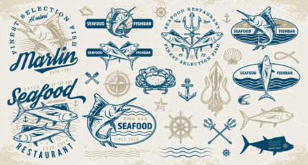Wall Mural - Sea food restaurant set stickers colorful