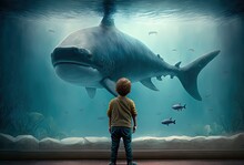 Illustration Of A Boy  Watching Big Shark In Aquarium Tank  Generative Ai