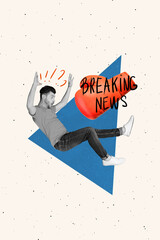 Sticker - Digital creative pop collage of air flying guy overwhelmed breaking news on drawing painting background