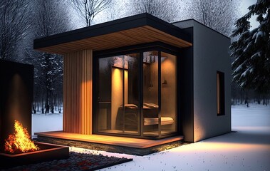 illustration of outdoor sauna cabin with nature green garden  Generative Ai