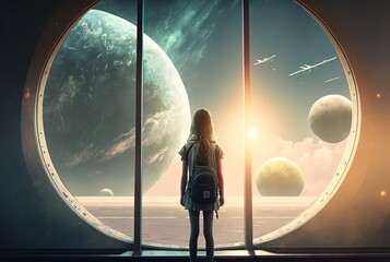 Wall Mural - a girl looking outside window , space universe atmosphere as background, idea for futuristic galaxy 