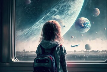 Wall Mural - a girl looking outside window , space universe atmosphere as background, idea for futuristic galaxy 
