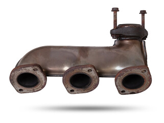 Poster - A automotive exhaust manifold isolated on white. Exhaust manifold car stock pictures, royalty-free photos, images.