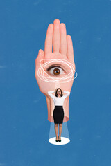 Wall Mural - Creative strange poster collage of scared business lady in spotlight suspect crime eye hand control toxic executive