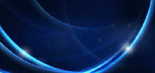 Abstract technology futuristic neon curved glowing blue light lines with speed motion blur effect on dark blue background.