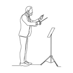 Wall Mural - Continuous single one line art drawing of music conductor directing concert orchestra performance with stick and notes book. Vector illustration