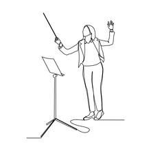 Continuous Single One Line Art Drawing Of Music Conductor Woman Directing Concert Orchestra Performance With Stick And Notes Book. Vector Illustration