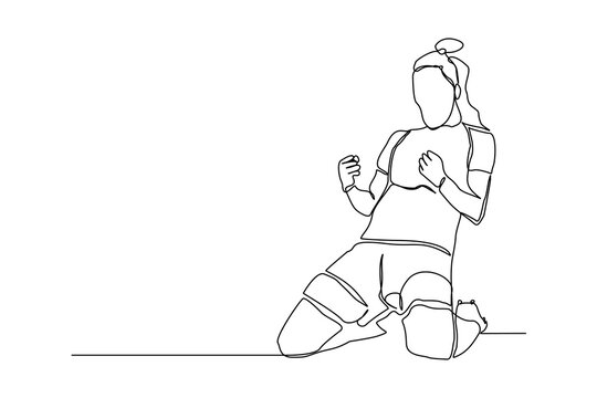 continuous single one line art drawing of football soccer player woman celebrating victory success g