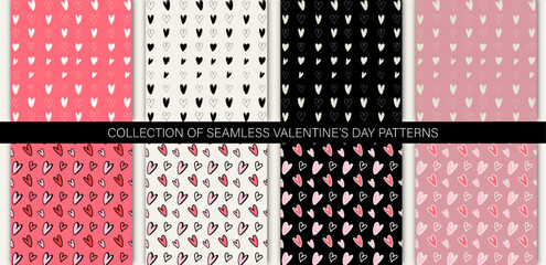 Wall Mural - Set of 8 elegant seamless patterns with hand drawn decorative hearts, design elements. Romantic patterns for greeting cards, scrapbooking, print, gift wrap. Collection of valentines day backgrounds
