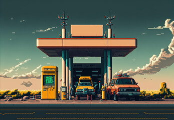 Pixel art gas station on the road, background in retro style for 8 bit game, Generative AI	