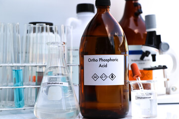 Sticker - ortho phosphoric acid in bottle , chemical in the laboratory and industry