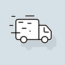 Delivery Van Line Icon. Food Delivery, Pizza, Mail, Truck, Garbage Disposal, Car, Box, Garbage Disposal, Car, Box, Mail, Logistics. Order Concept. Vector Sticker Line Icon On White Background