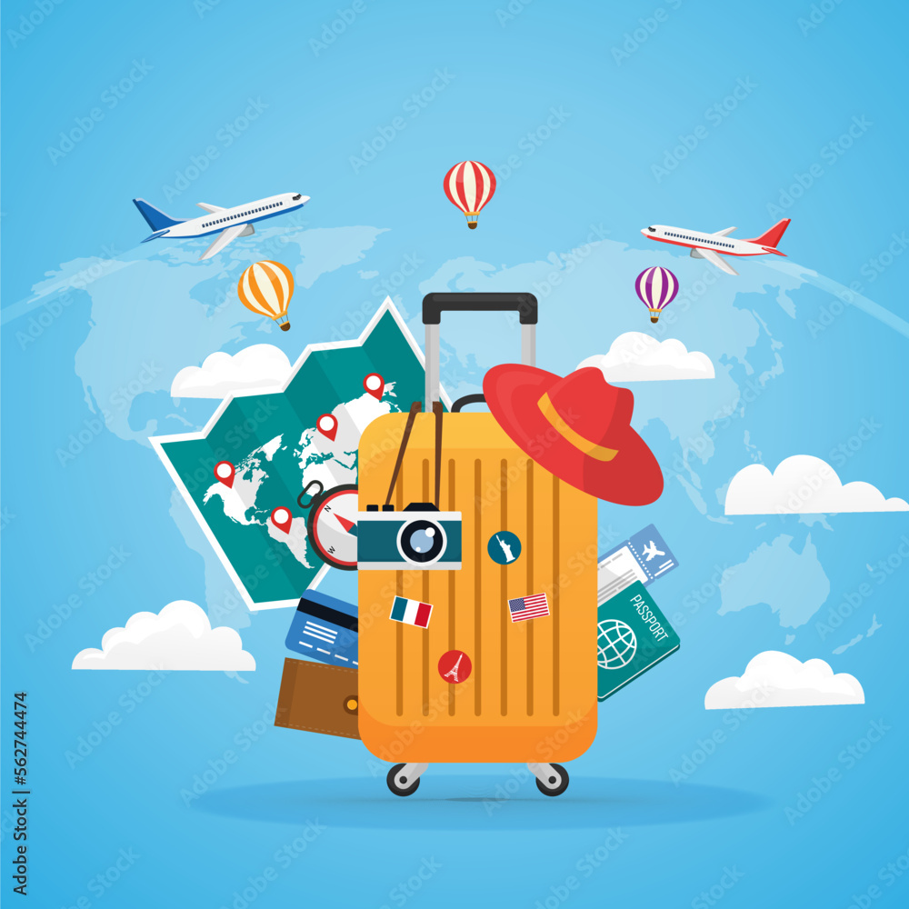 tourism luggage camera, hat, map and tickets on blue background. airplane  travel around the world. road trip vacation in holiday. vector illustration  flat design. Stock Vector | Adobe Stock, image size:1000x1000