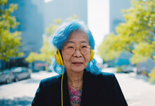 Generative AI Illustration Of Stylish Senior Woman In Headphones On Street
