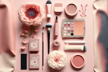  a pink table with a flower, cosmetics, and other items on it, including a flower, lipstick, and a brush, and a flower headband, and a pink background with a pink., generative ai