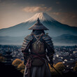 Portrait of a Samurai standing with his back, against the backdrop of a mountain and a city, Japanese medieval warrior in armor, realistic art created by AI