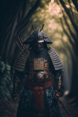 Wall Mural - Samurai in the forest, Japanese medieval warrior in armor, realistic art created by ai
