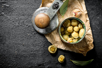 Canvas Print - Canned mushrooms on paper.