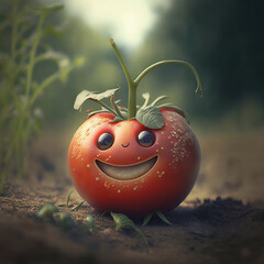 Wall Mural - A cute smiling tomato in the vegetable garden. Generative AI