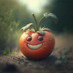 Wall Mural - Сharacter of the smiling red tomato in the vegetable garden. Generative AI