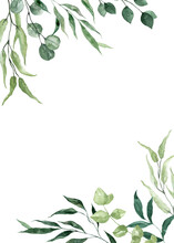 Watercolor Botanical Frame. Green Leaf And Forest Foliage Corner Border. Floral Painting. PNG Clipart On Transparent Background.