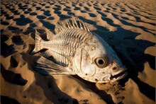 A Fish Skeleton Lies On Sand In A Dry Desert. Generative AI