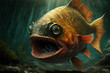 a large yellow piranha swims towards you with its mouth open. Generative AI