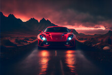 Red Sports Car In The Evening, Generative Ai