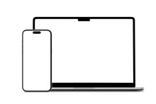 Isolated laptop and phone front view