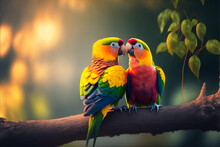 Two Beautiful Parrots Kissing Each Other. Generative AI