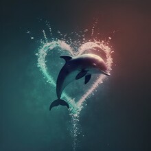 Playful Dolphin Jumping Through A Heart-shaped Water ,Generative AI