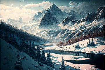 illustration of a mountain landscape in winter, with snow-covered fir trees and a river. Generative AI